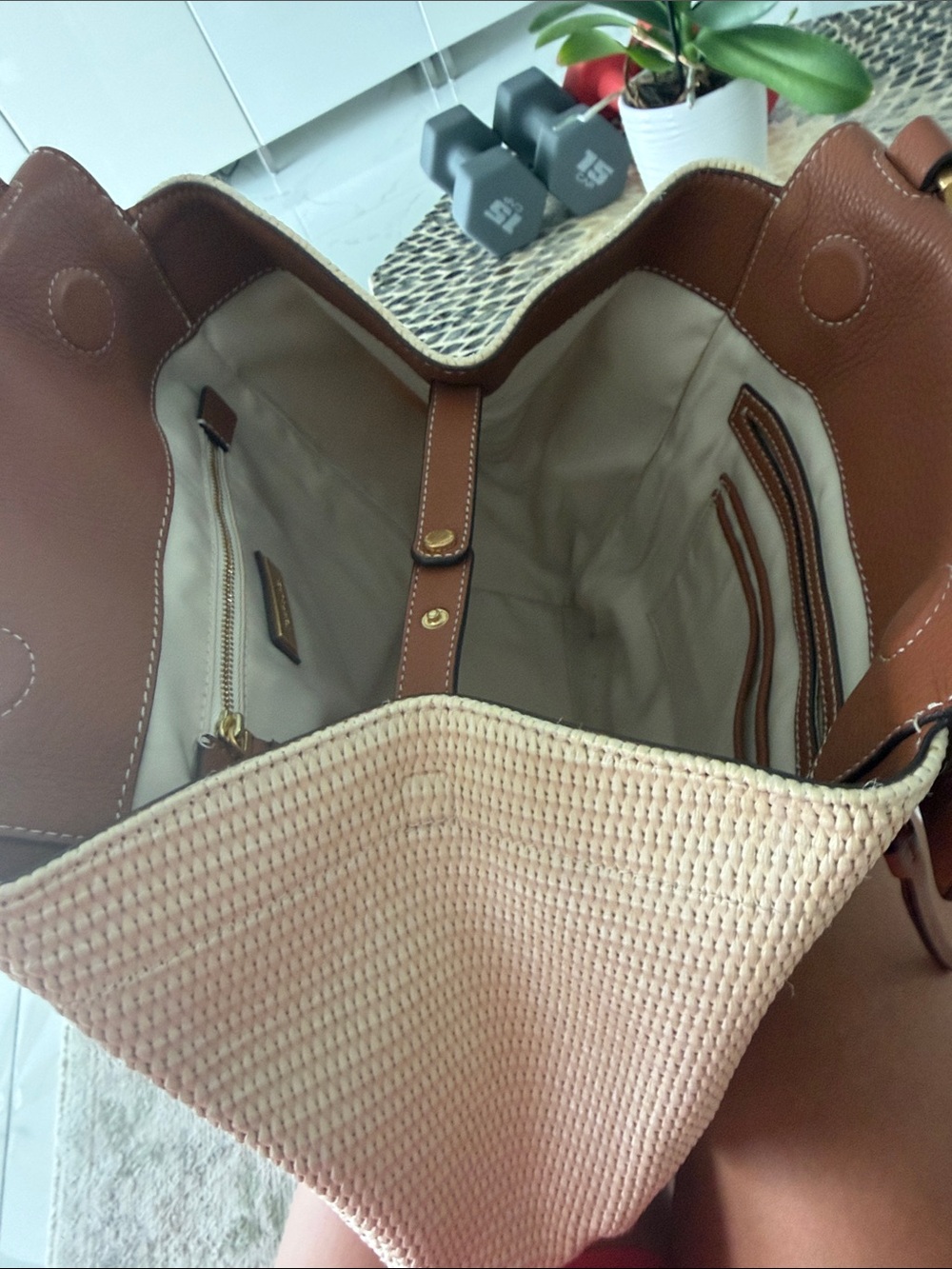 Tory Burch Cognac Leather and Cream Woven Shoulder Bag - Picture 8 of 11